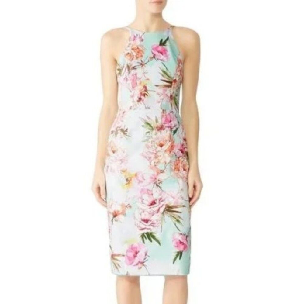 Black Halo Dress Midi Montego Mint Green Pastel Floral Print Halter Cocktail
